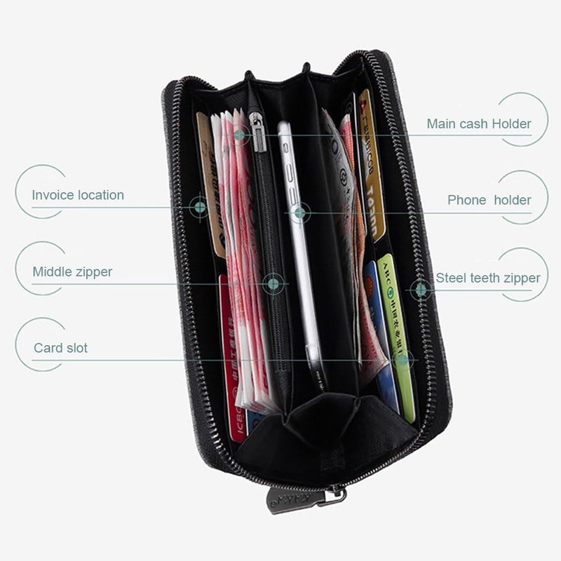 WOOLALA Mens Wallet Waterproof Canvas Zipper Arrounded Large Capacity Accordion Folded Cash Cards Phone Holder Long Wallet - Image 3